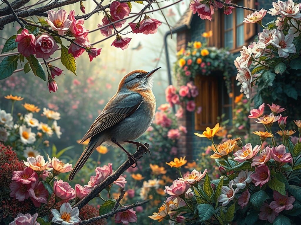 Vibrant Cottage Garden Scene in Hyperrealistic Style