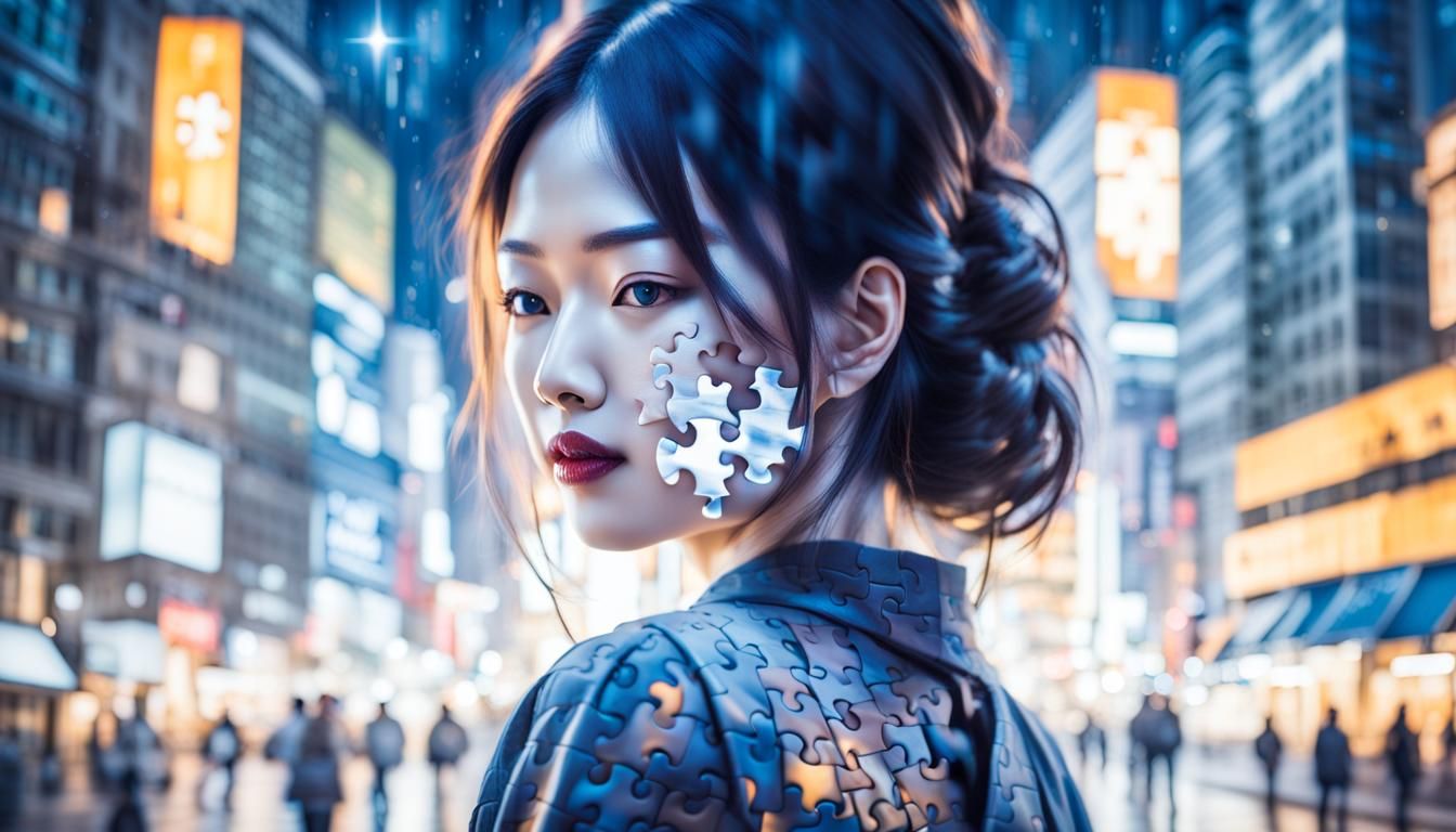 Ethereal Asian Woman with Jigsaw Puzzle Face