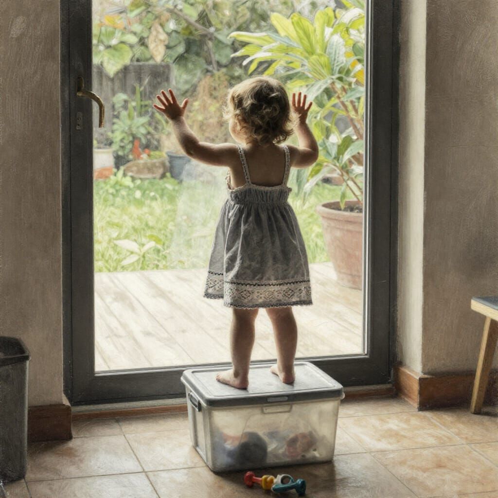 Toddler Reaching Out Window in Charcoal Sketch Style