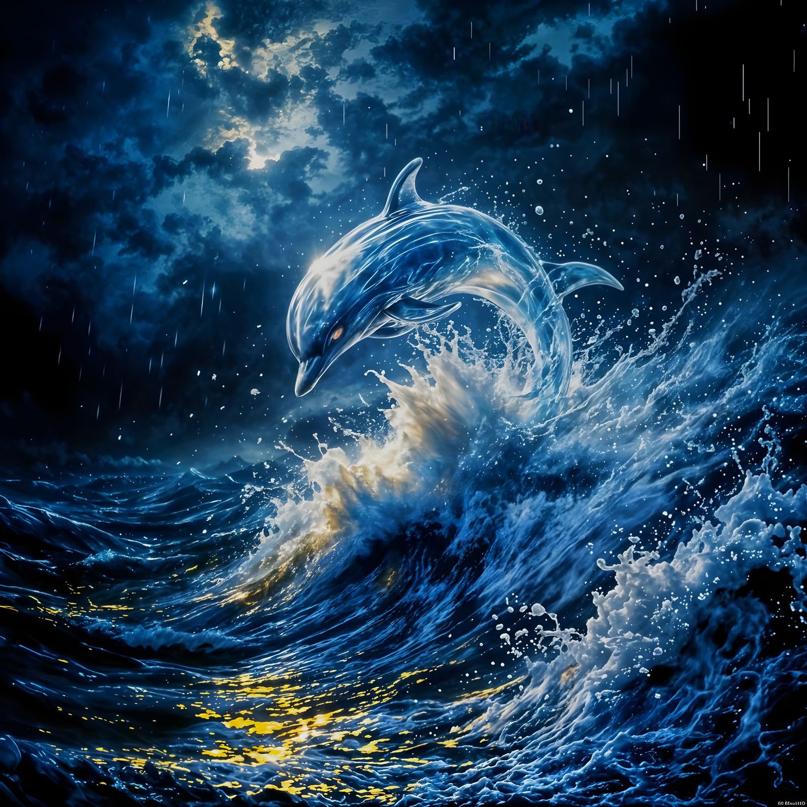 Transparent Dolphin Leaping from Waves in Digital Art