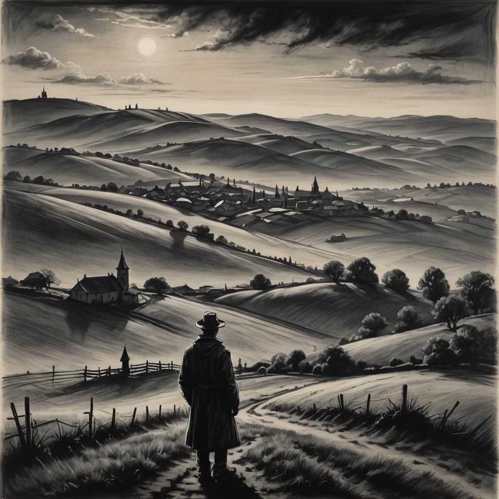 Melancholic Figure in Charcoal Landscape, Rembrandt Style