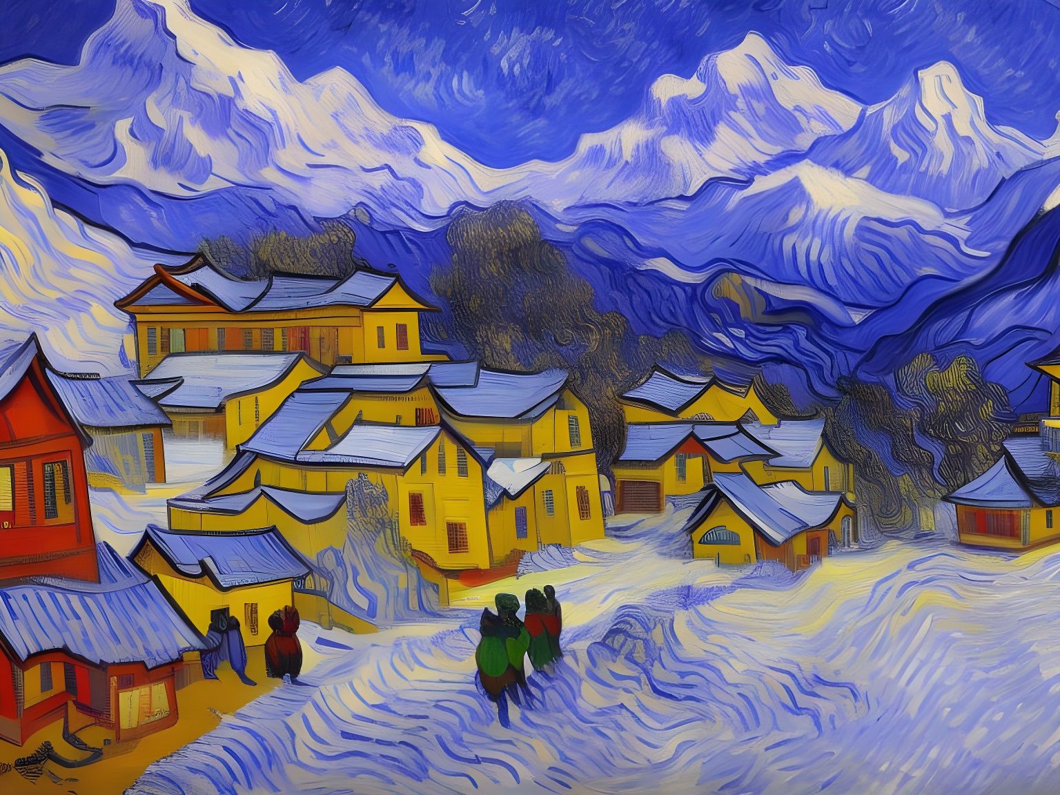 Winter Village: A Post-Impressionist Oil Painting