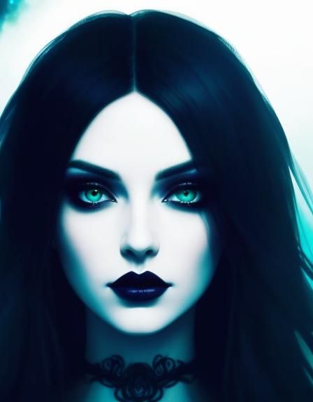 Ethereal gothic beauty young lady with long black hair and g...