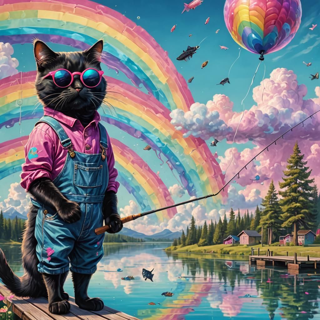 Black Cat Fishing: Hyperrealistic Digital Art