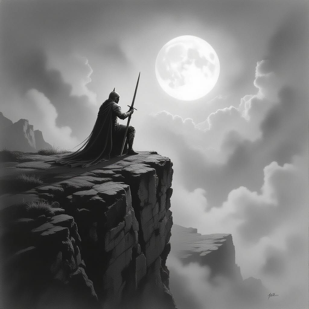 Knight on Cliff in Detailed Charcoal Art