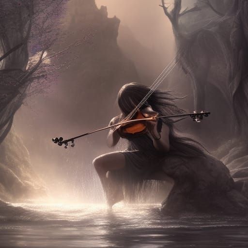 Scary Fiddler with Long Hair by a Stream