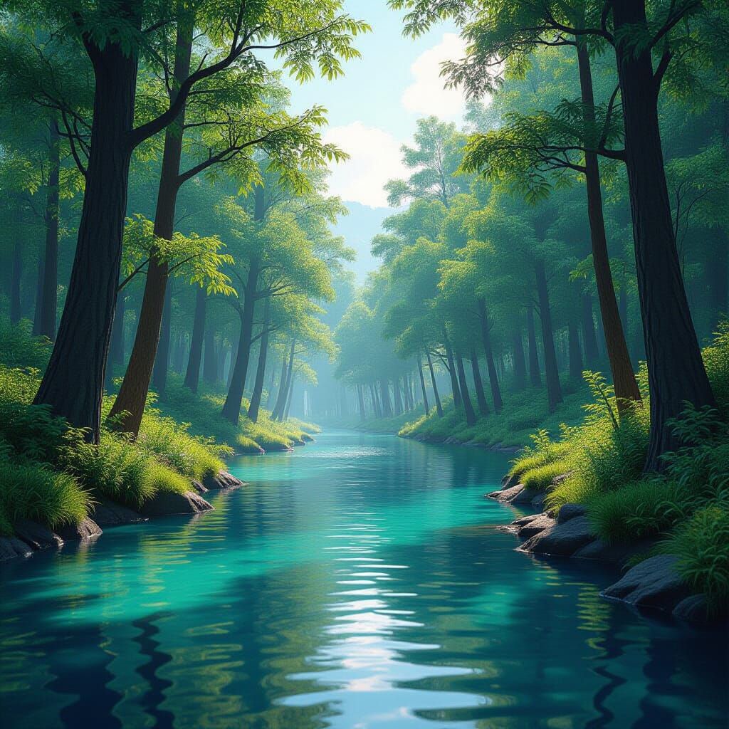Tranquil River in Summer Forest, Detailed Matte Painting