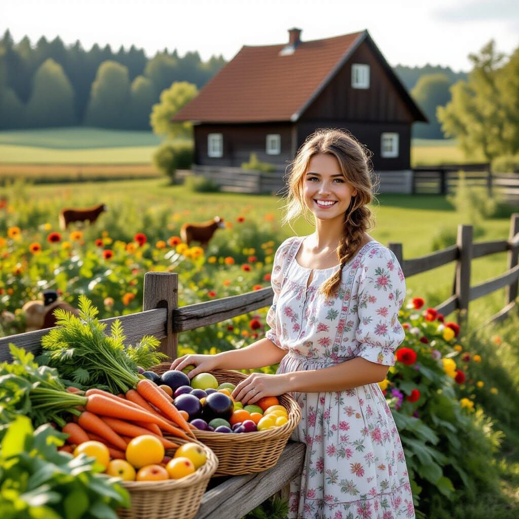 Charming Farmhouse Scene with Harvest Stand