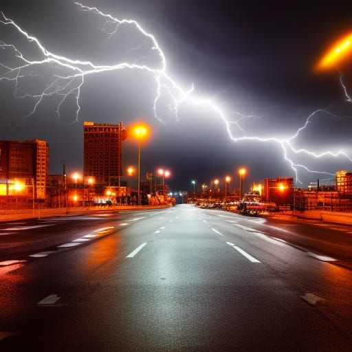 Electric Storm over City Street at Night