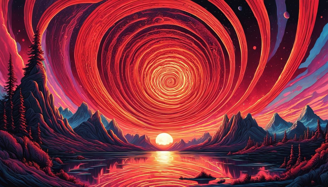 Psychedelic Spiral Sky Over Red Lake Painting