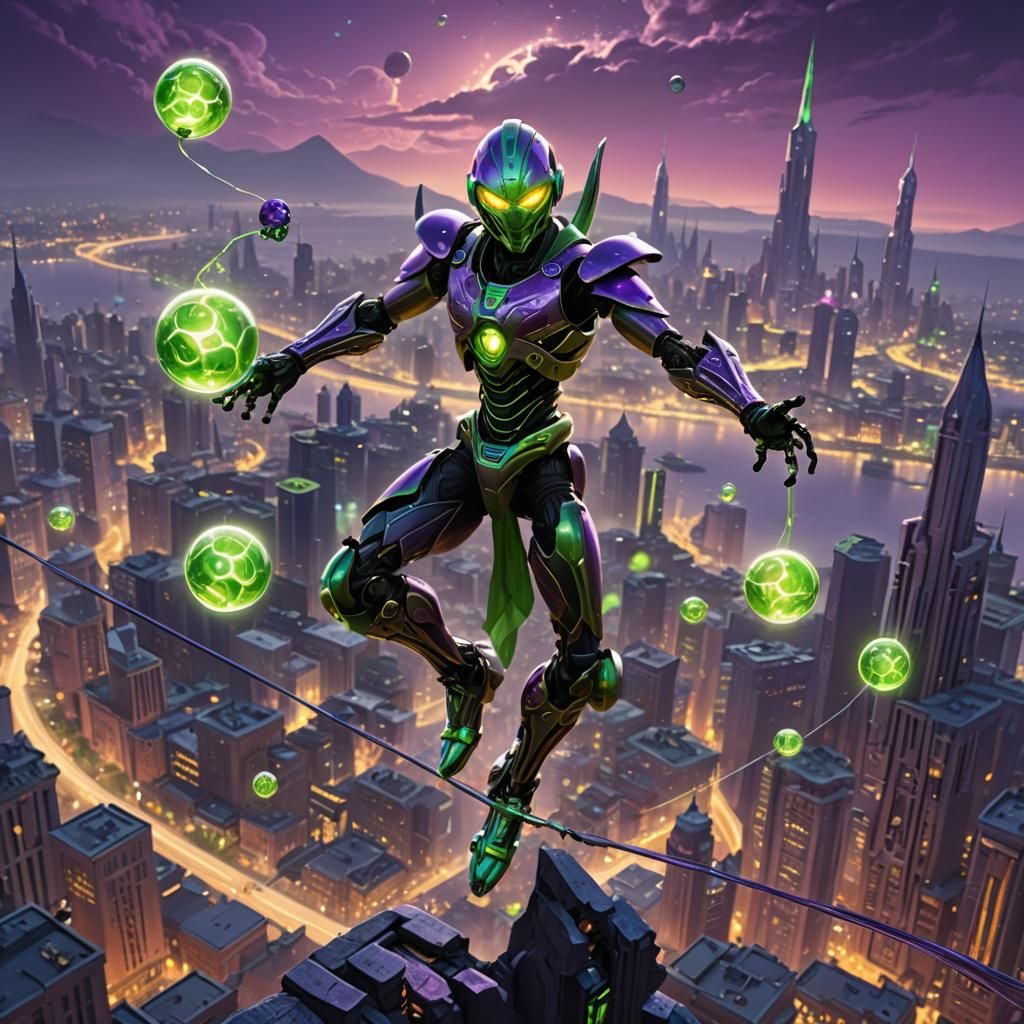 Bionicle Performer Juggling Orbs Above Cityscape
