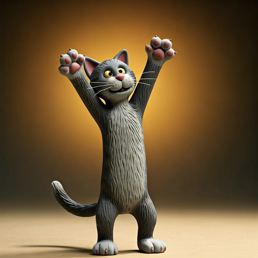 Cat in Claymation Style Reaches for Mouse in Hole