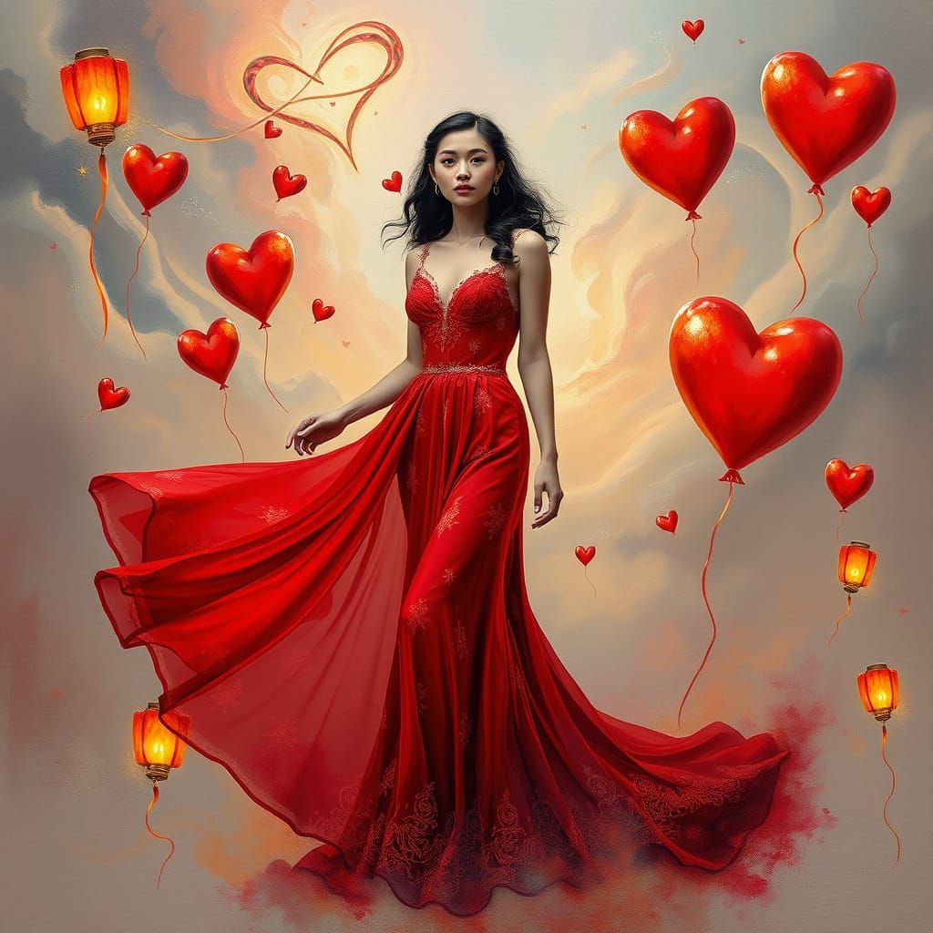 Surrealist Valentine's Day Goddess in Crimson Gown