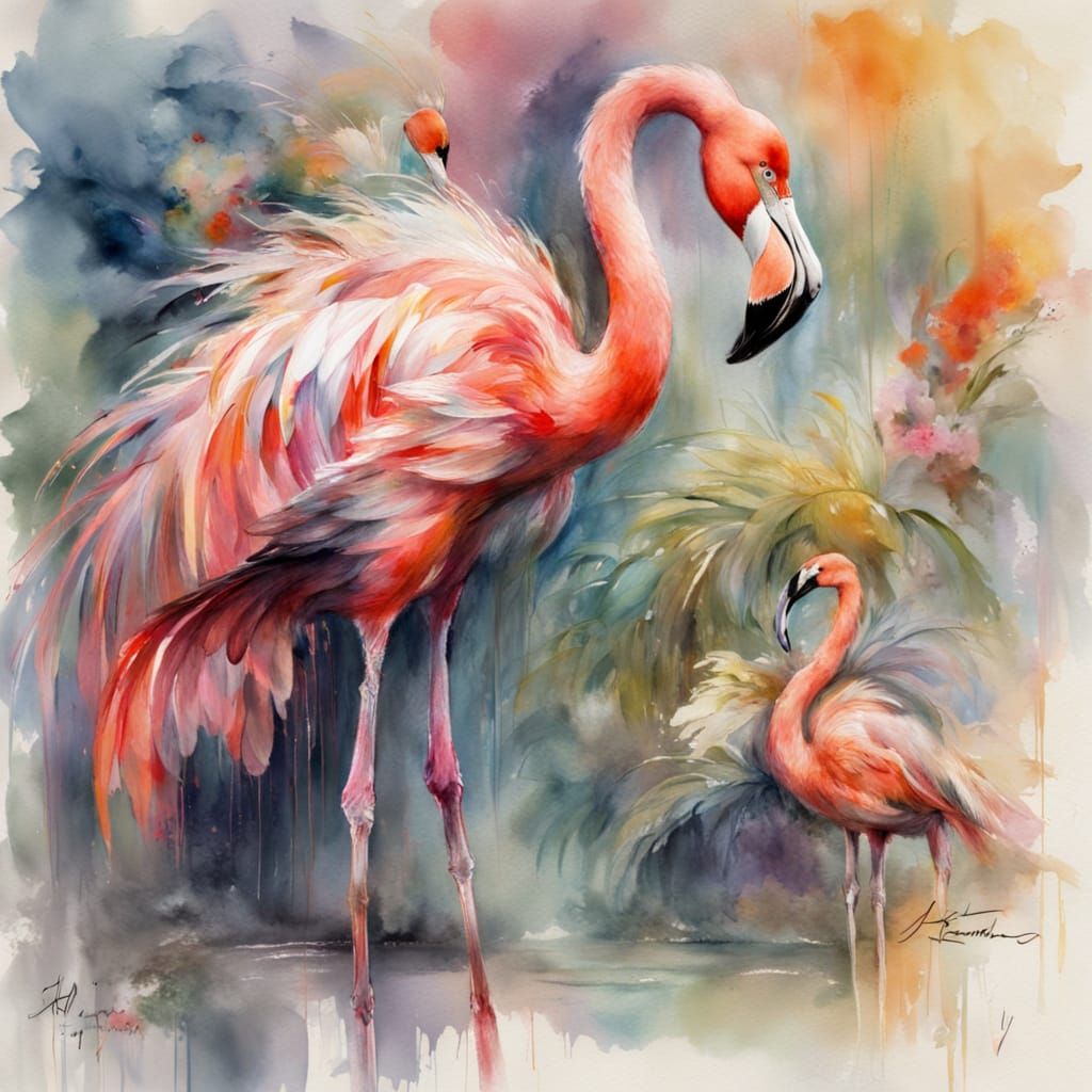 Flamenco Flamingo in Hyperdetailed Watercolour Fantasy