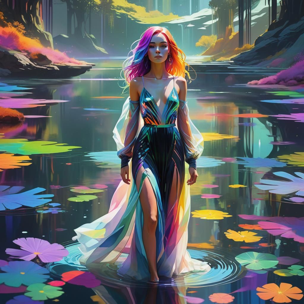 Rainbow Woman in Kaleidoscopic Pond: Digital Concept Art