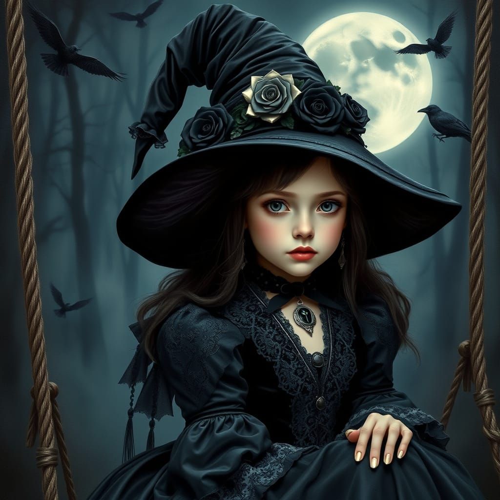 Gothic Witch in Moonlit Forest, Oil Painting Style