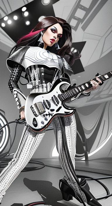 Glamorous Atlantean Woman Plays Guitar, Graphic Novel Art