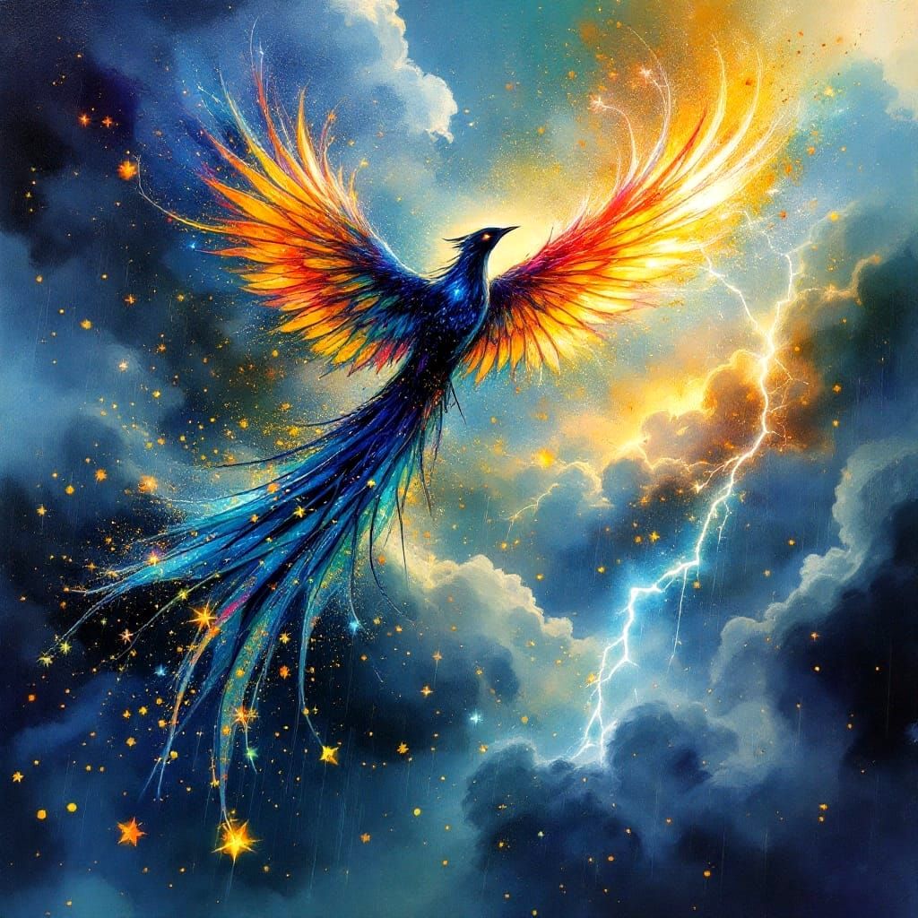 Ethereal Fantasy: Huma Bird Soars in Stormy Skies