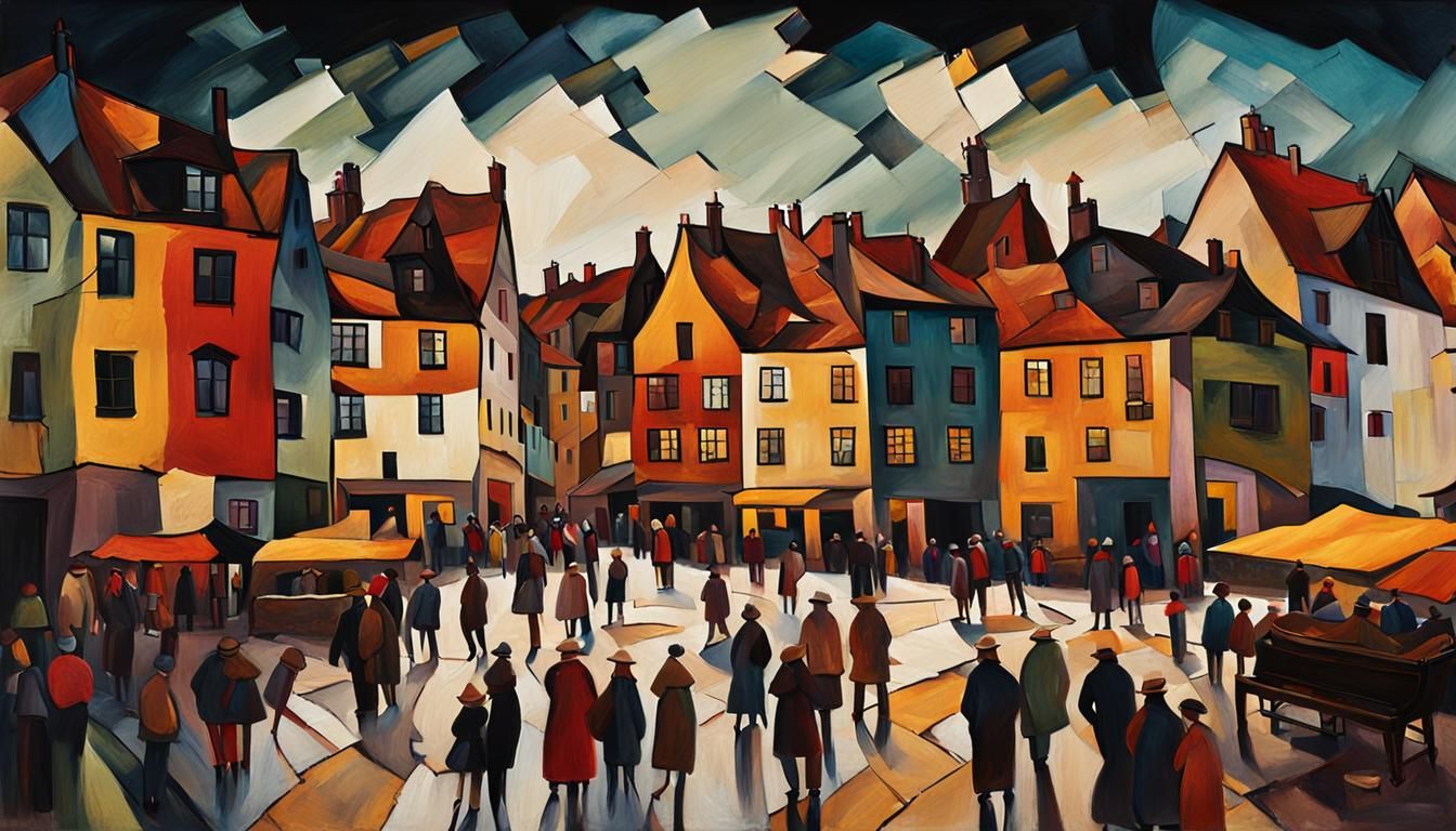 Expressionist Village Scene in Schiele Style