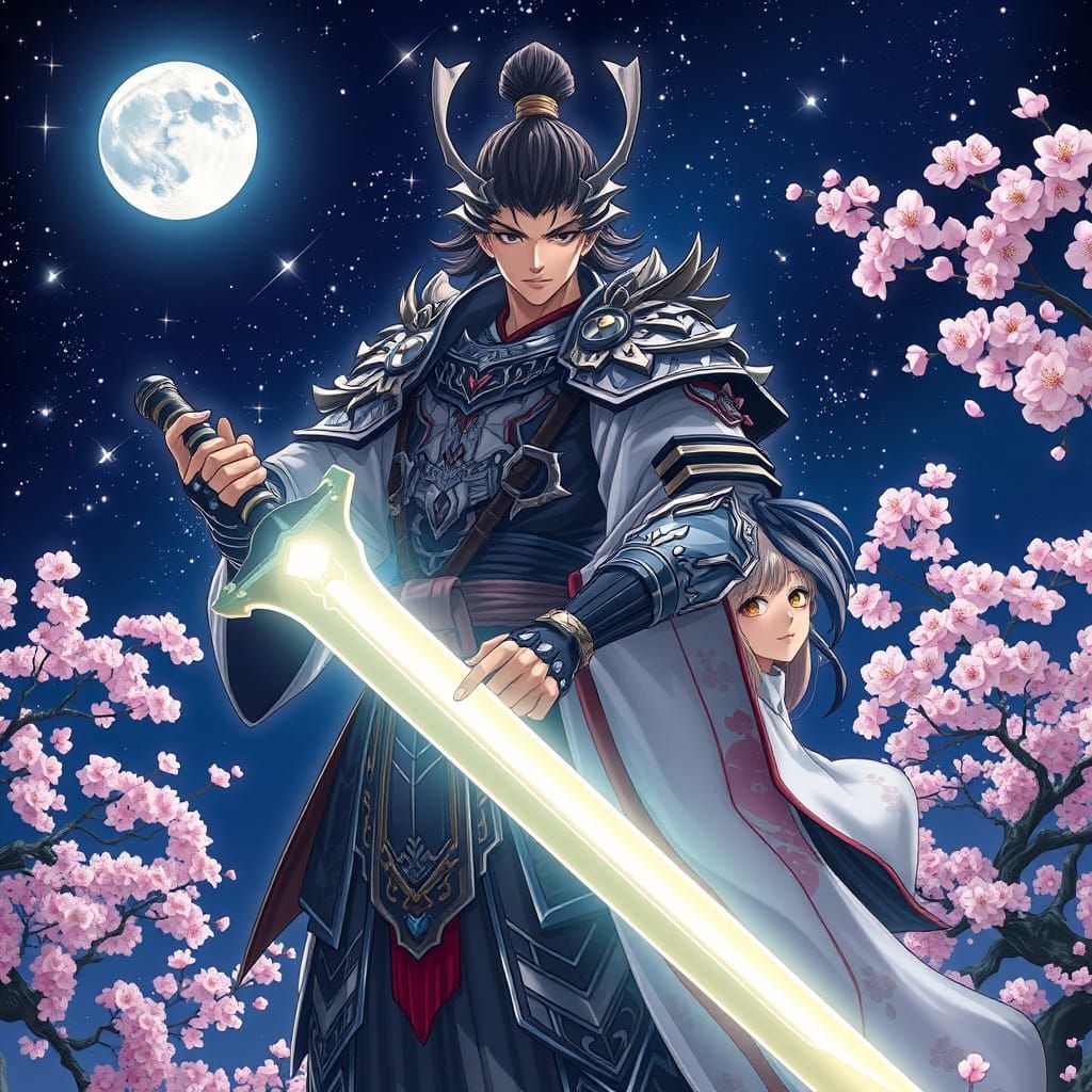 Anime Warrior in Samurai Armor Under Starry Night Sky