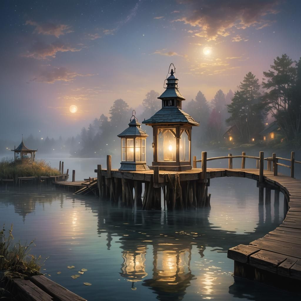 Ethereal Lantern on Dock in Misty Moonlight