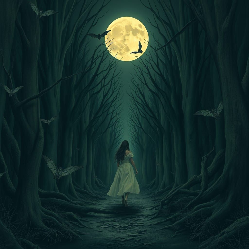 Woman in Moonlit Forest with Bats, Digital Art