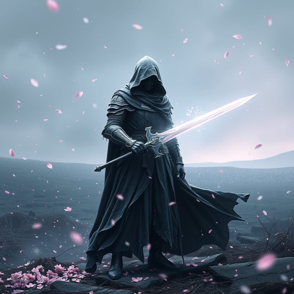 Spectral Knight on Battlefield with Cherry Blossoms