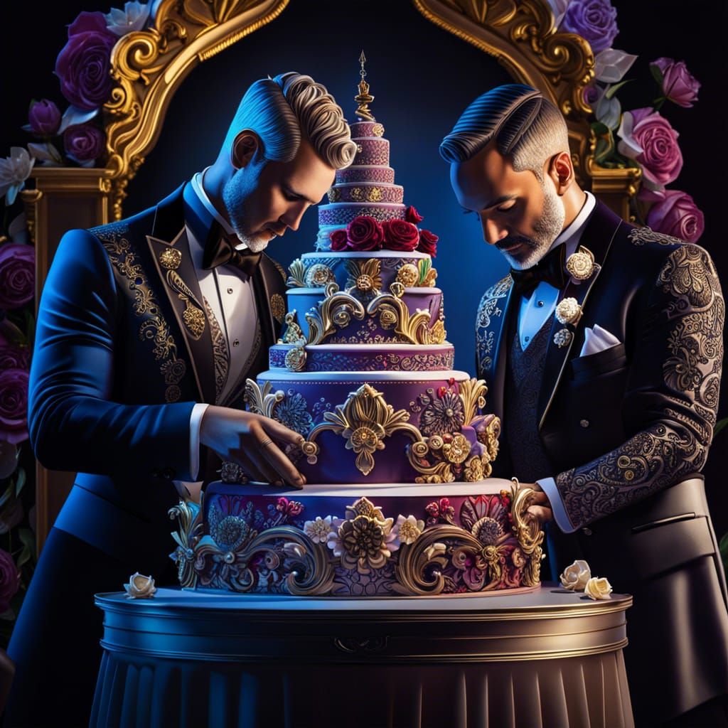 Two gents in love, newly wed with glee, cut a cake, a baroque fantasy, you see