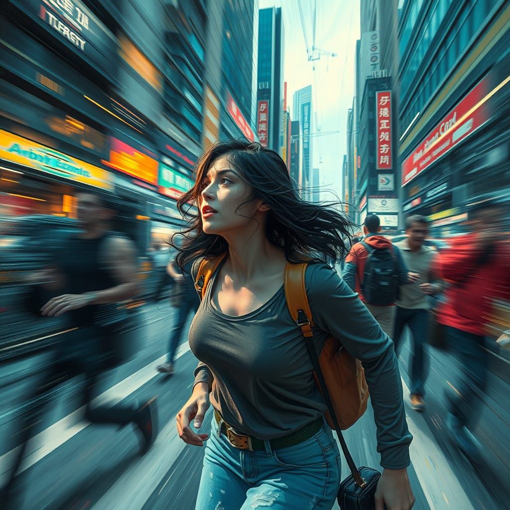 Woman Caught in Lagging Chaos Amidst Futuristic Cityscape