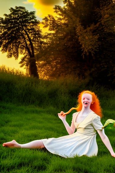 Ginger Woman and Dragon in Meadow: Golden Hour