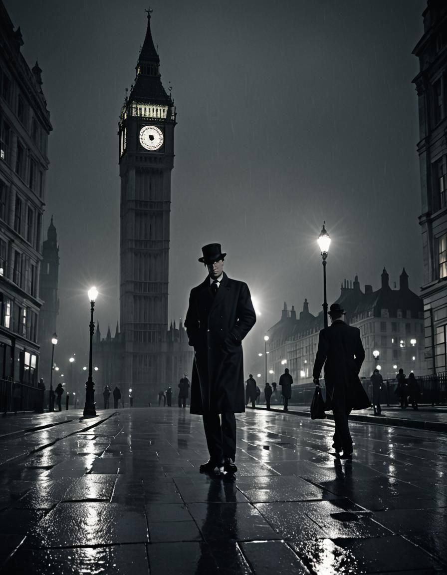 Sherlock Holmes Film Noir over London at Midnight