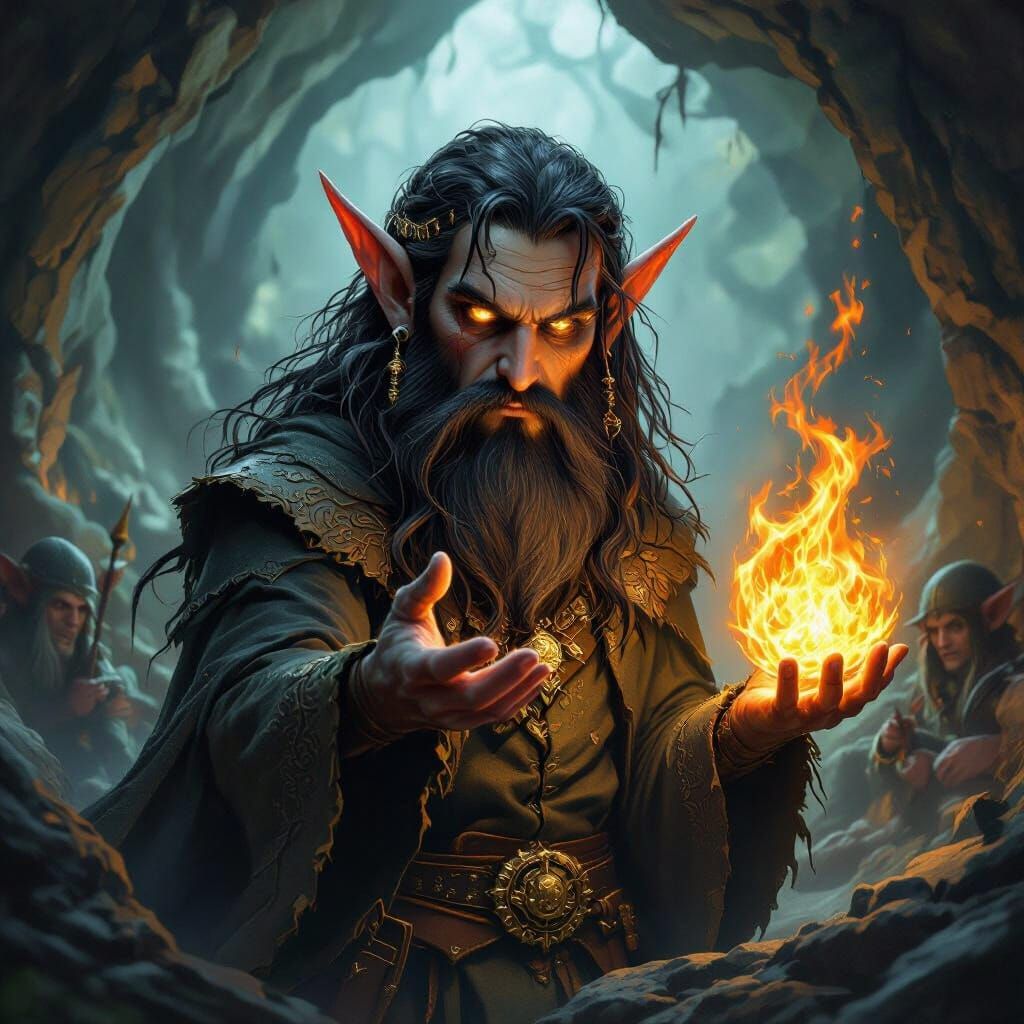 Dark Elf Mage With Fiery Orb in Dungeon