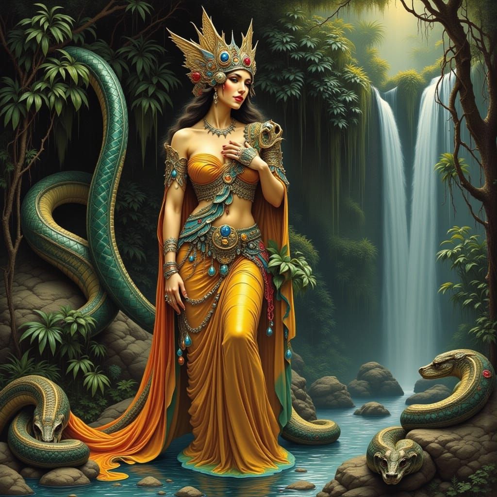 Regal Serpent Queen by Jungle Waterfall