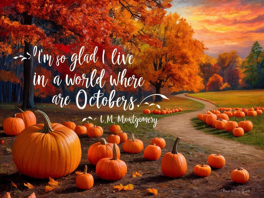 Autumn Landscape Painting with Pumpkins and Quote