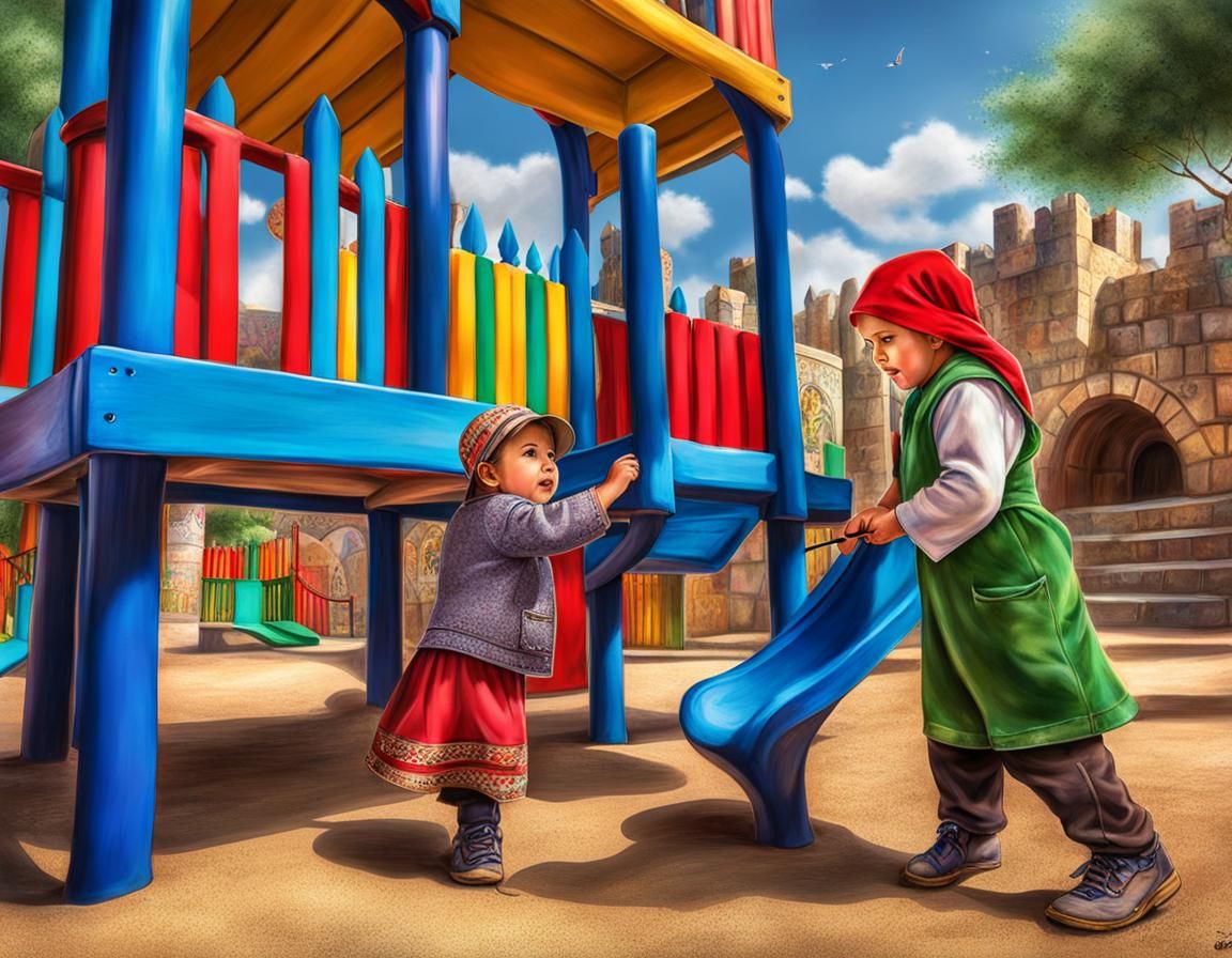 A Jewish toddler and a Palestine toddler dressed in their tr...