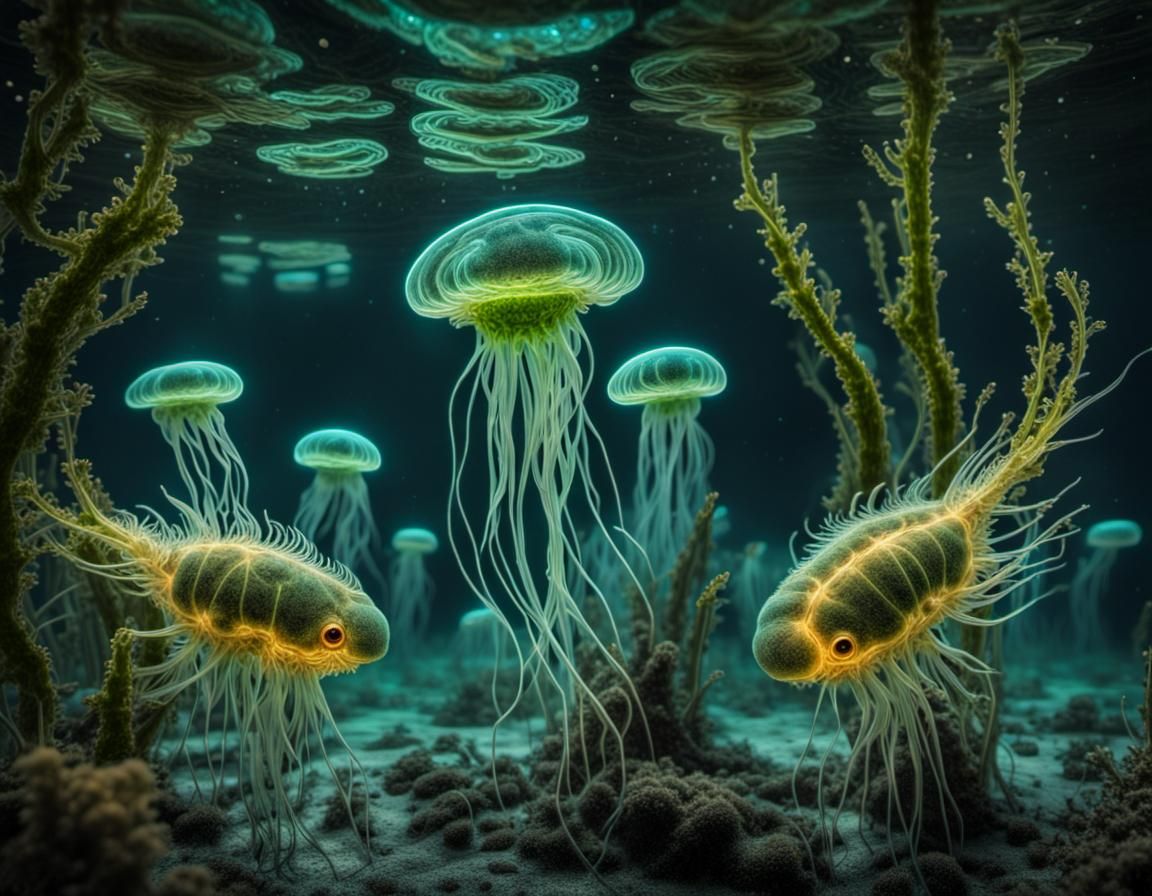 Transparent Organisms Swim in Bioluminescent Sea