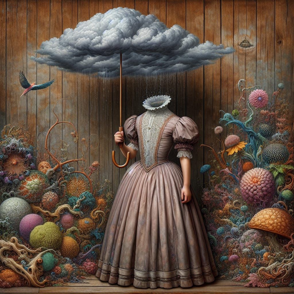 Surreal Child in Rainy Landscape with Vibrant Floral and Avi...