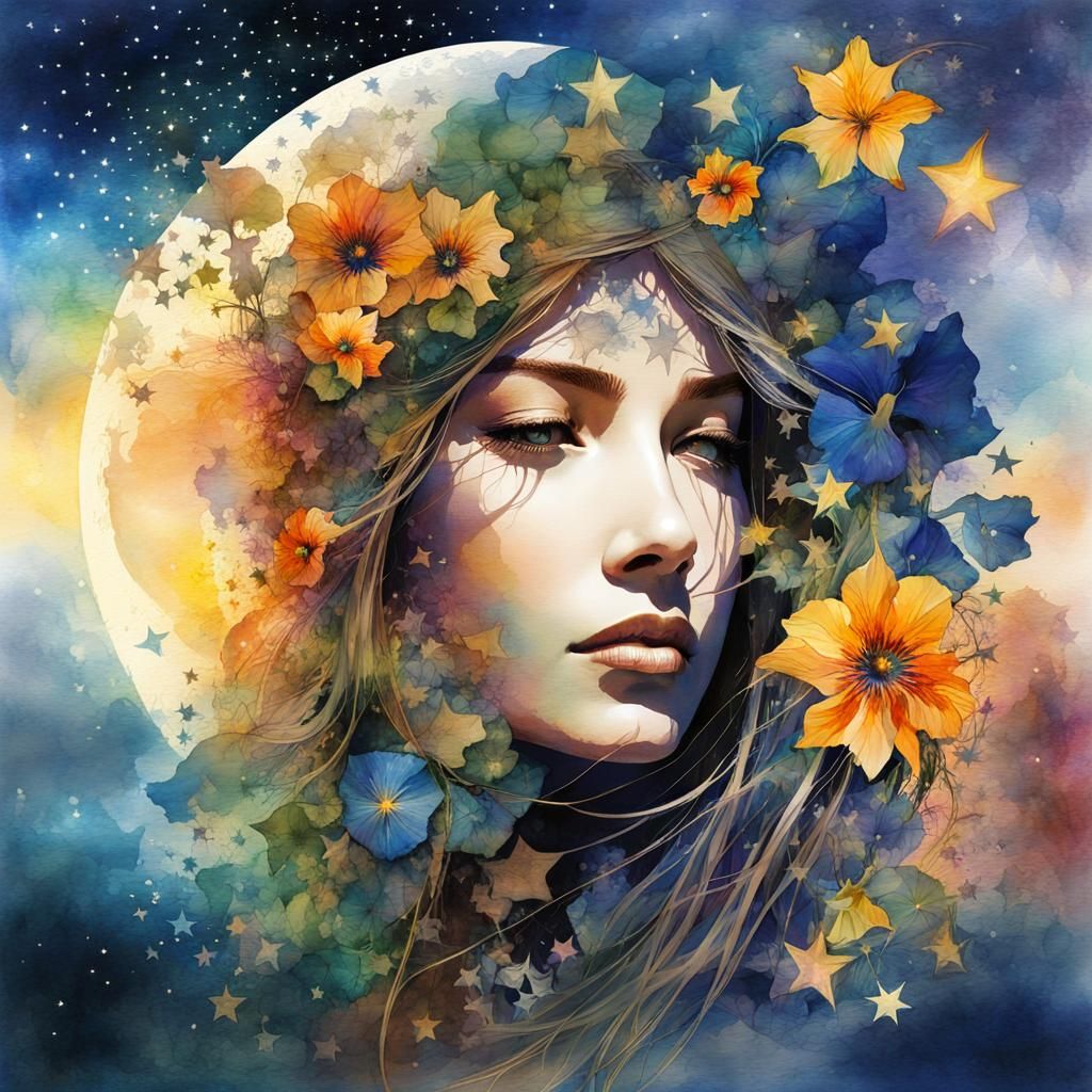 Enchanted Lunar Portrait in Vibrant Watercolor