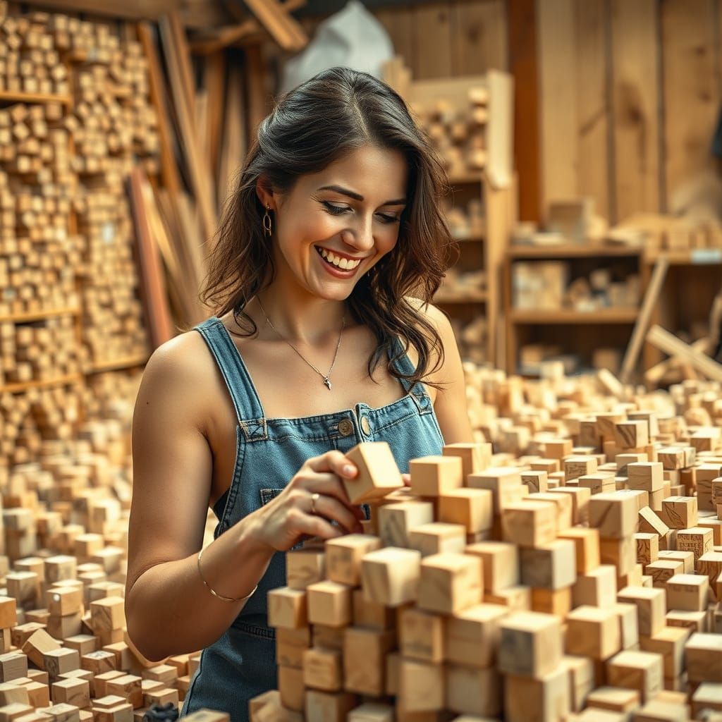 Happy Woman Crafts Cubes in Detailed Wood Workshop