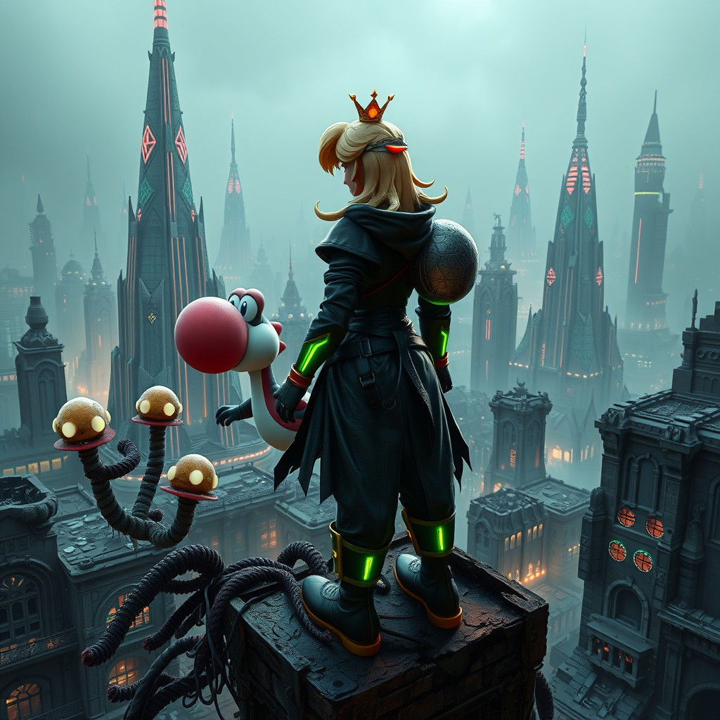 Princess Peach and Yoshi in Cyberpunk Apocalypse