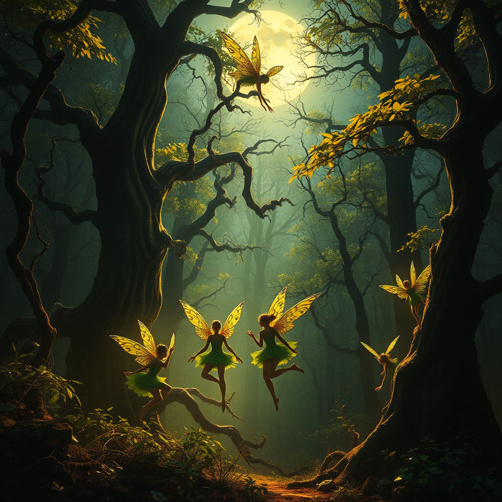 Fairies Dance in Ethereal Forest, Dark Fantasy Style