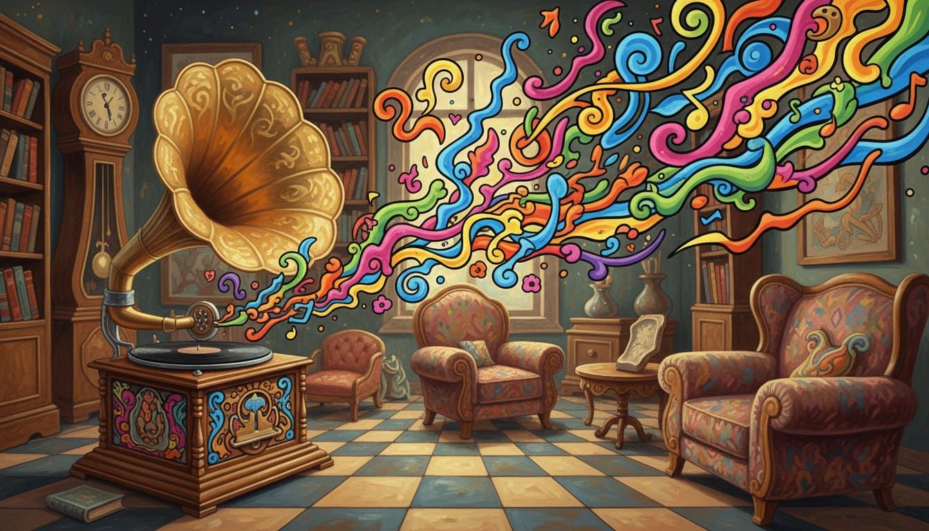Vintage Gramophone Plays Abstract Music in Pop Art Surrealis...