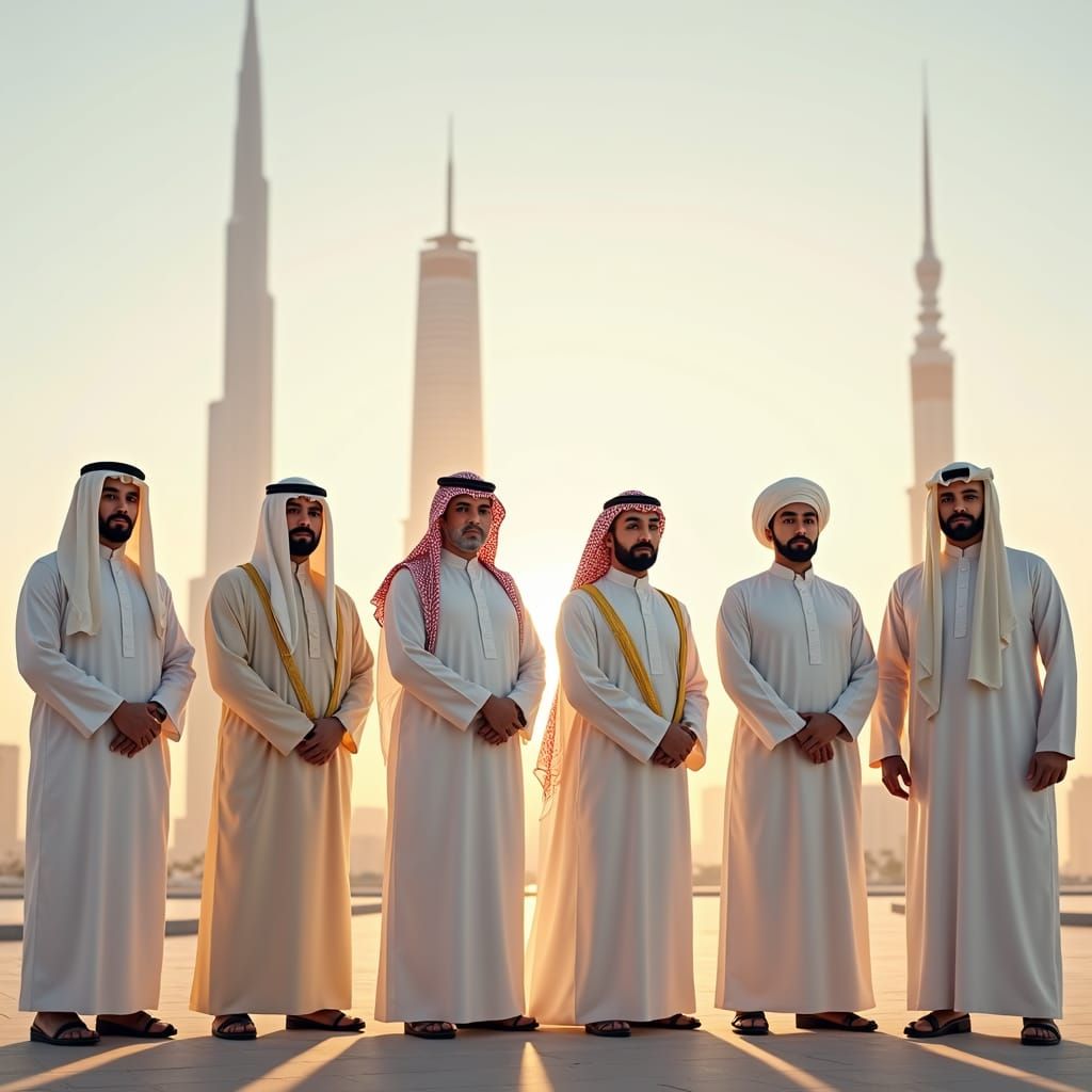 Gulf Arab Men in Traditional Dress Before Landmarks