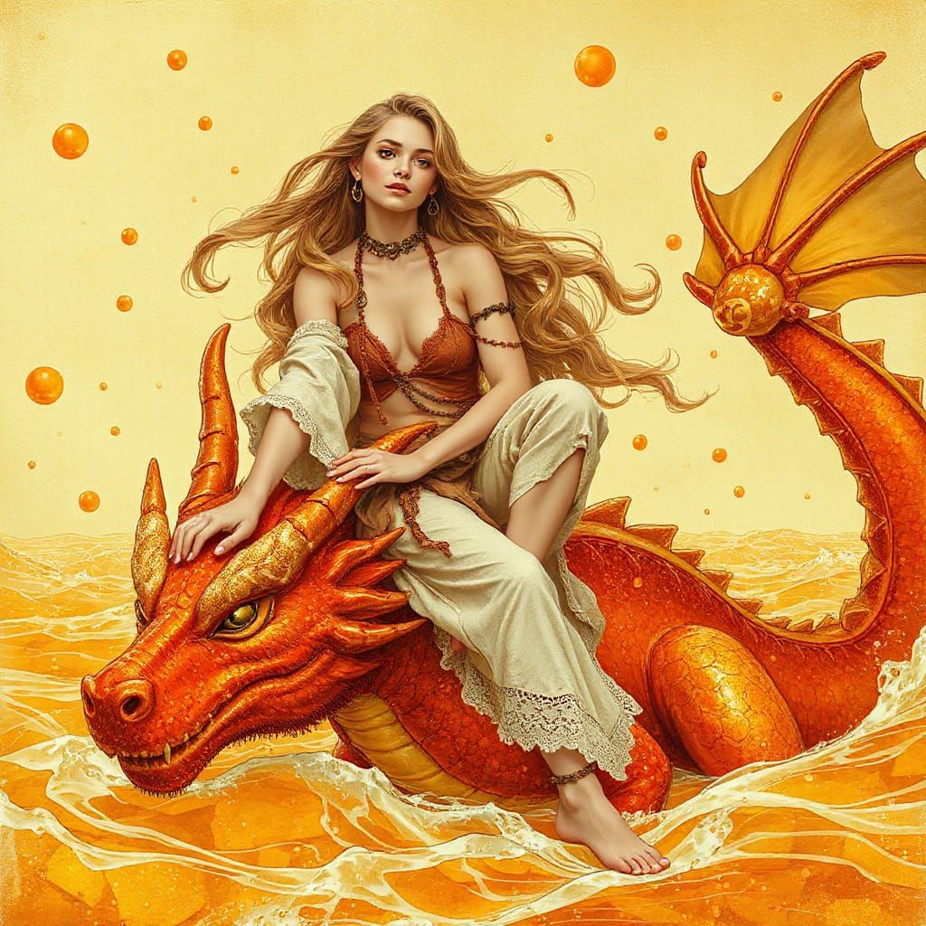 Woman on Gummy Dragon in Effervescent Sea