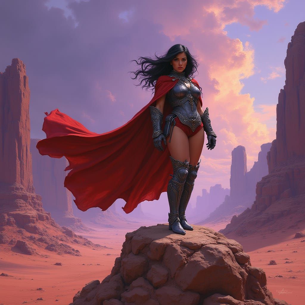 Heroic Fantasy Woman Stands Proud on Alien Desert Precipice