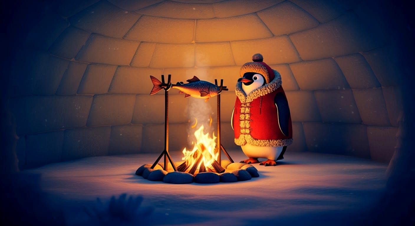 Penguin Cooking Fish in Igloo: 3D Digital Art