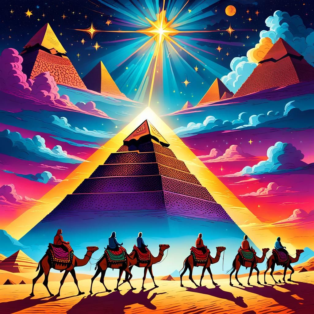 A grand and vibrant fantasy pop art illustration featuring a caravan of travelers riding on elegant camels ..