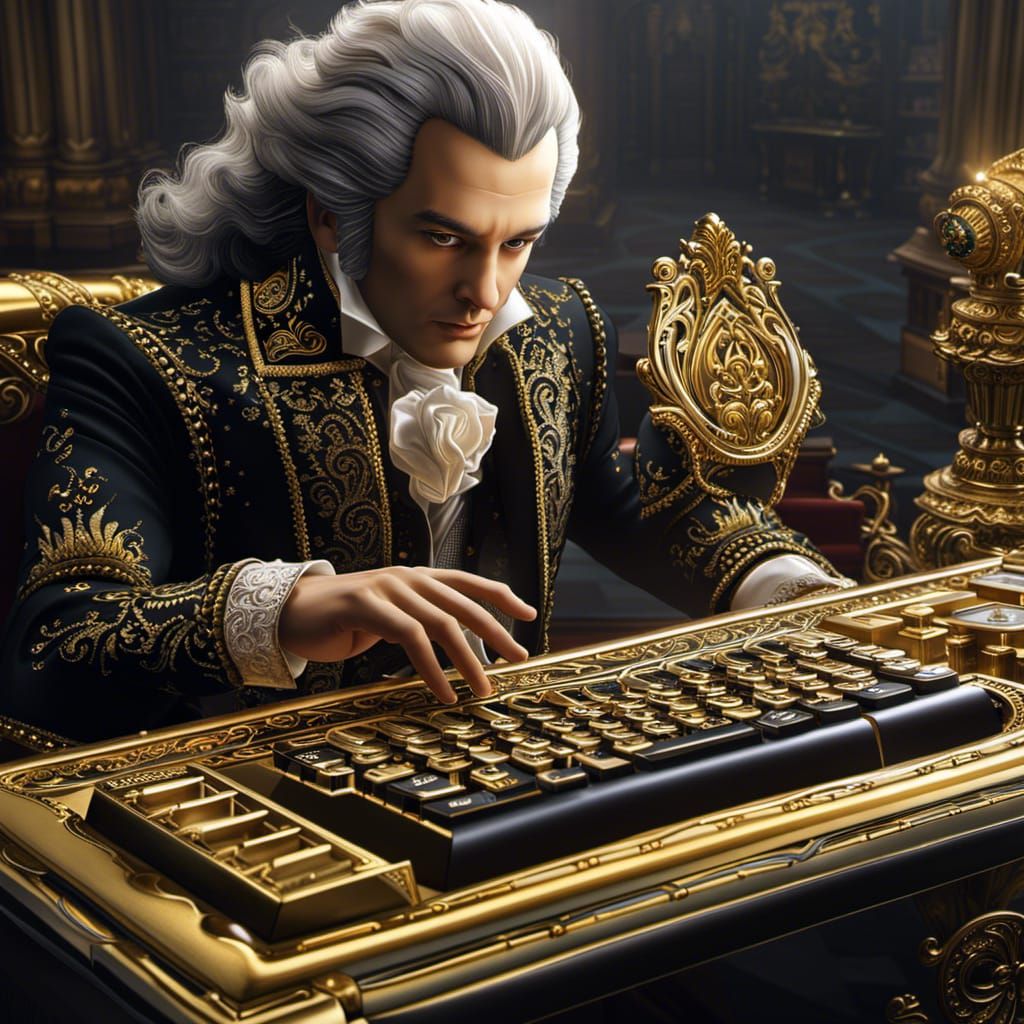 Mozart Plays Computer Keyboard in Dark Fantasy Style