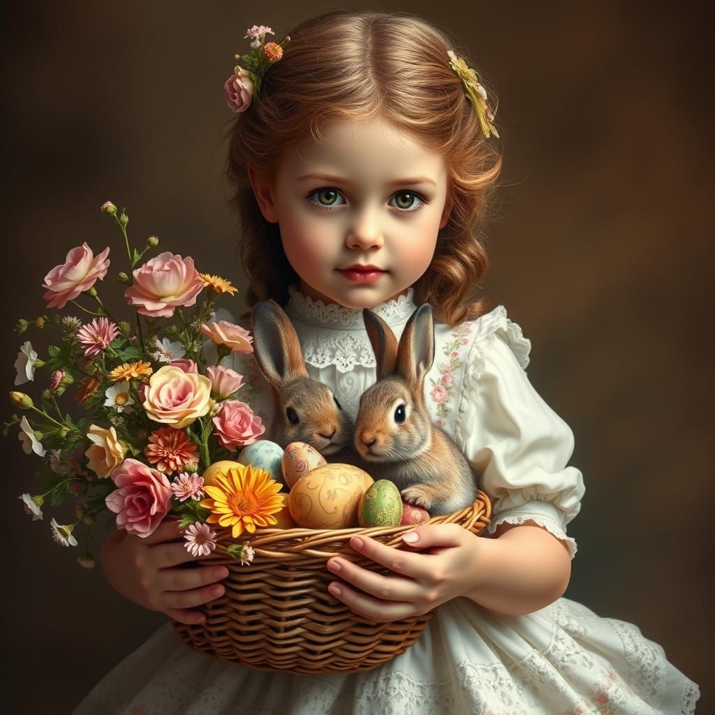 Young Girl with Easter Basket and Bunny in a Dreamlike Lands...