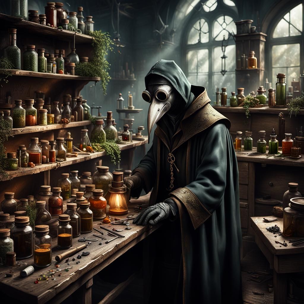 The Alchemist's Despair: Plague Doctor's Frustration